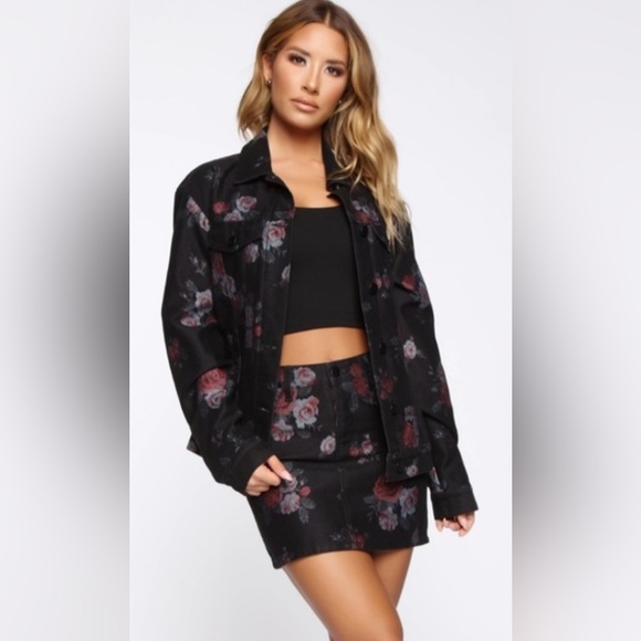 Fashion Nova Jackets & Blazers - Dominique Denim Skirt Set in Black Floral